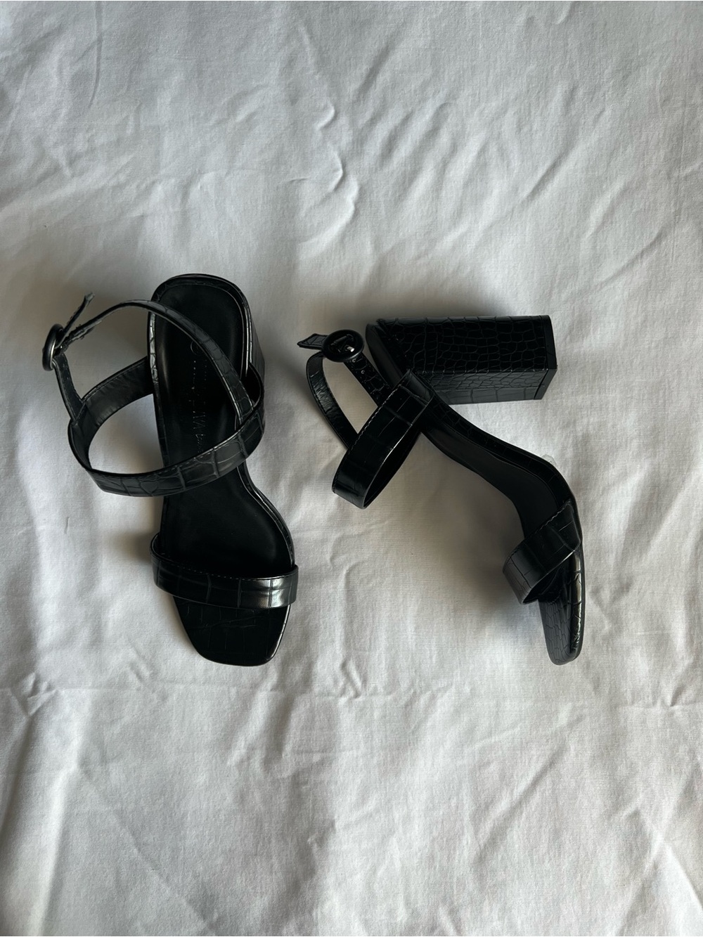 Wild Diva Black Croc-Texture Block Heel Sandals
